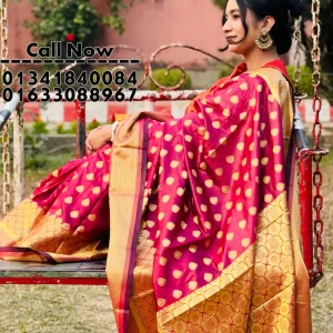 মেরুন-গোল্ডেন সুতার কাতান (ব্লাউজ পিস সহ)(Code-SS017)