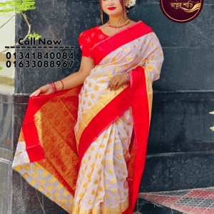 হোয়াইট-রেড ট্র্যাডিশনাল কাতান (ব্লাউজ পিস সহ)(Code-SS007)