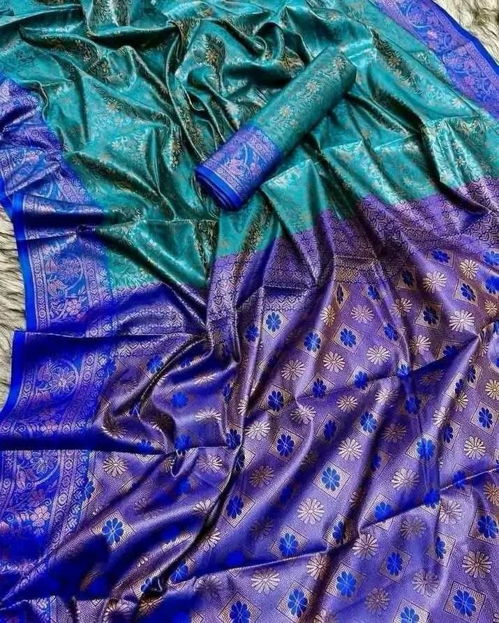 কাঞ্জিভরম ময়ূরকণ্ঠী নীল শাড়ি (ব্লাউজ পিস সহ)(Code-SSS22) - Image 2