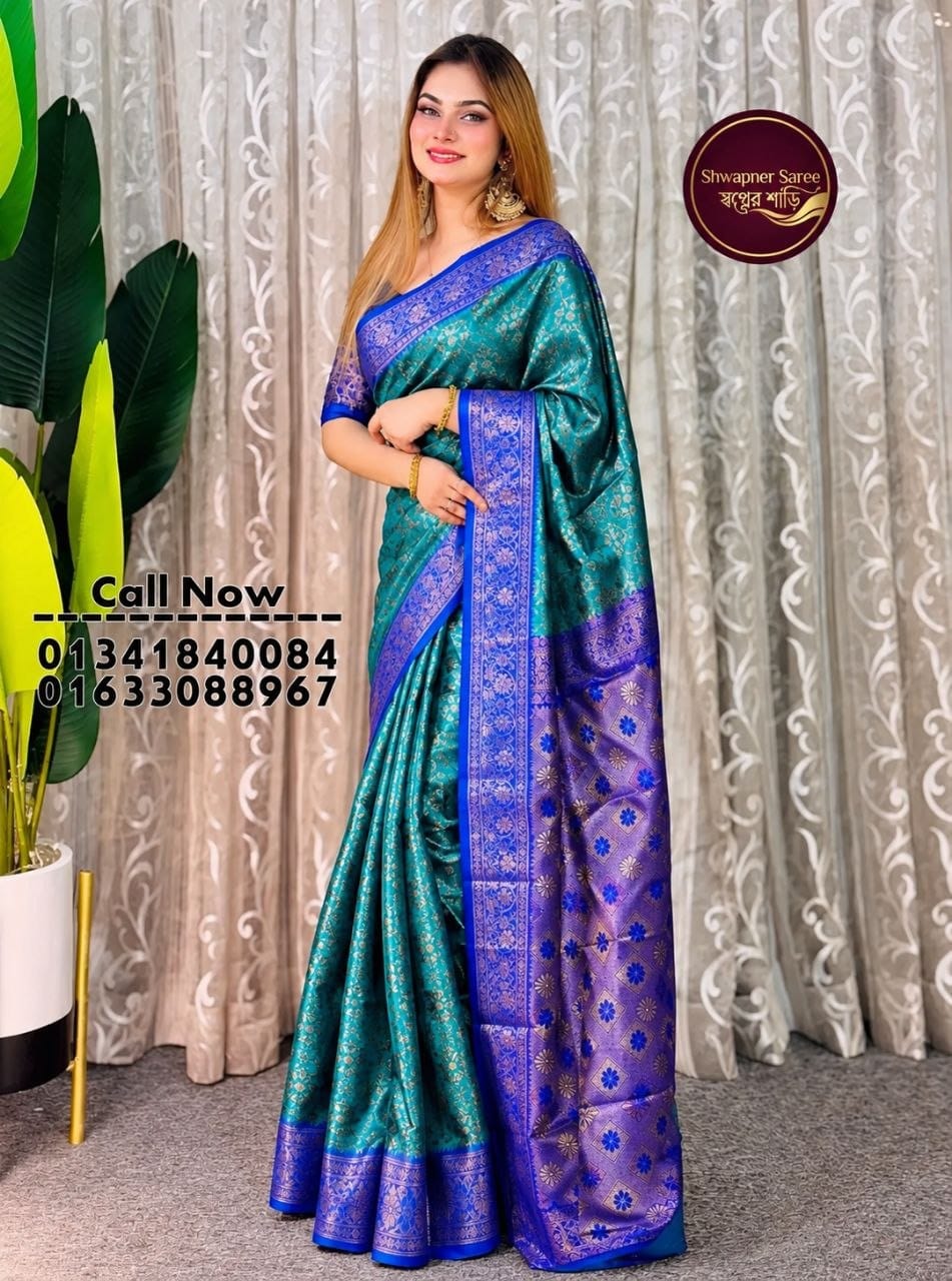 কাঞ্জিভরম ময়ূরকণ্ঠী নীল শাড়ি (ব্লাউজ পিস সহ)(Code-SSS22)
