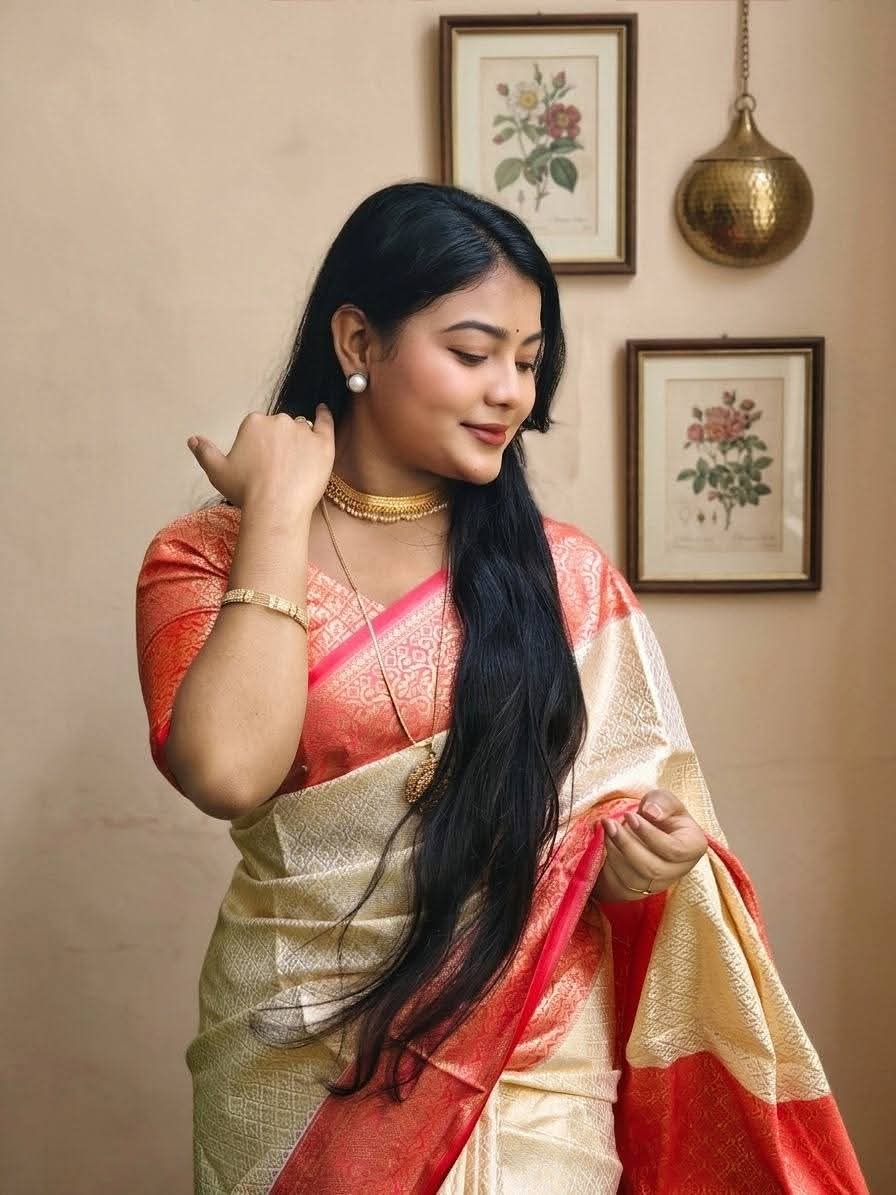 অফ-হোয়াইট এবং রেড কাঞ্জিভরম শাড়ি (ব্লাউজ পিস সহ)(Code-SSS66) - Image 4