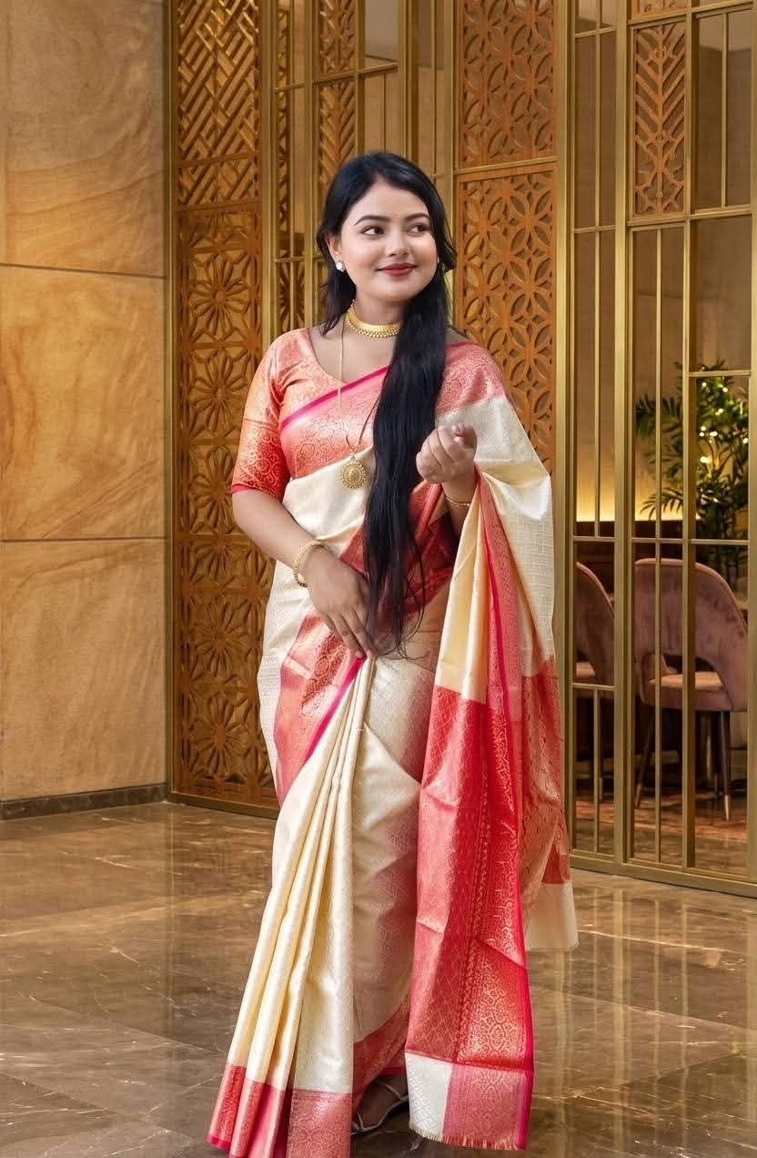 অফ-হোয়াইট এবং রেড কাঞ্জিভরম শাড়ি (ব্লাউজ পিস সহ)(Code-SSS66) - Image 3