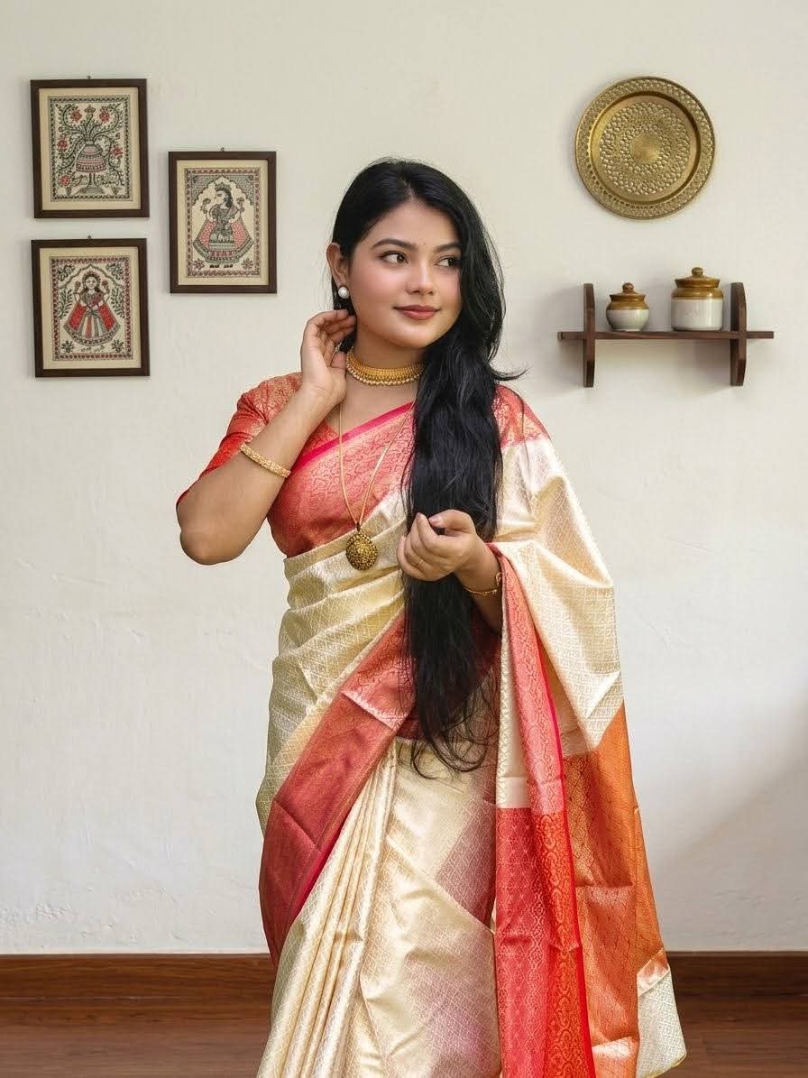 অফ-হোয়াইট এবং রেড কাঞ্জিভরম শাড়ি (ব্লাউজ পিস সহ)(Code-SSS66) - Image 2
