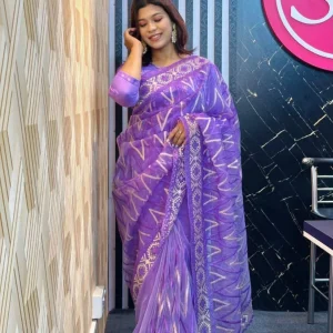 মসলিন অরগাঞ্জা শাড়ি (উজ্জ্বল বেগুনি) (ব্লাউজ পিস সহ)(Code-SSS68)