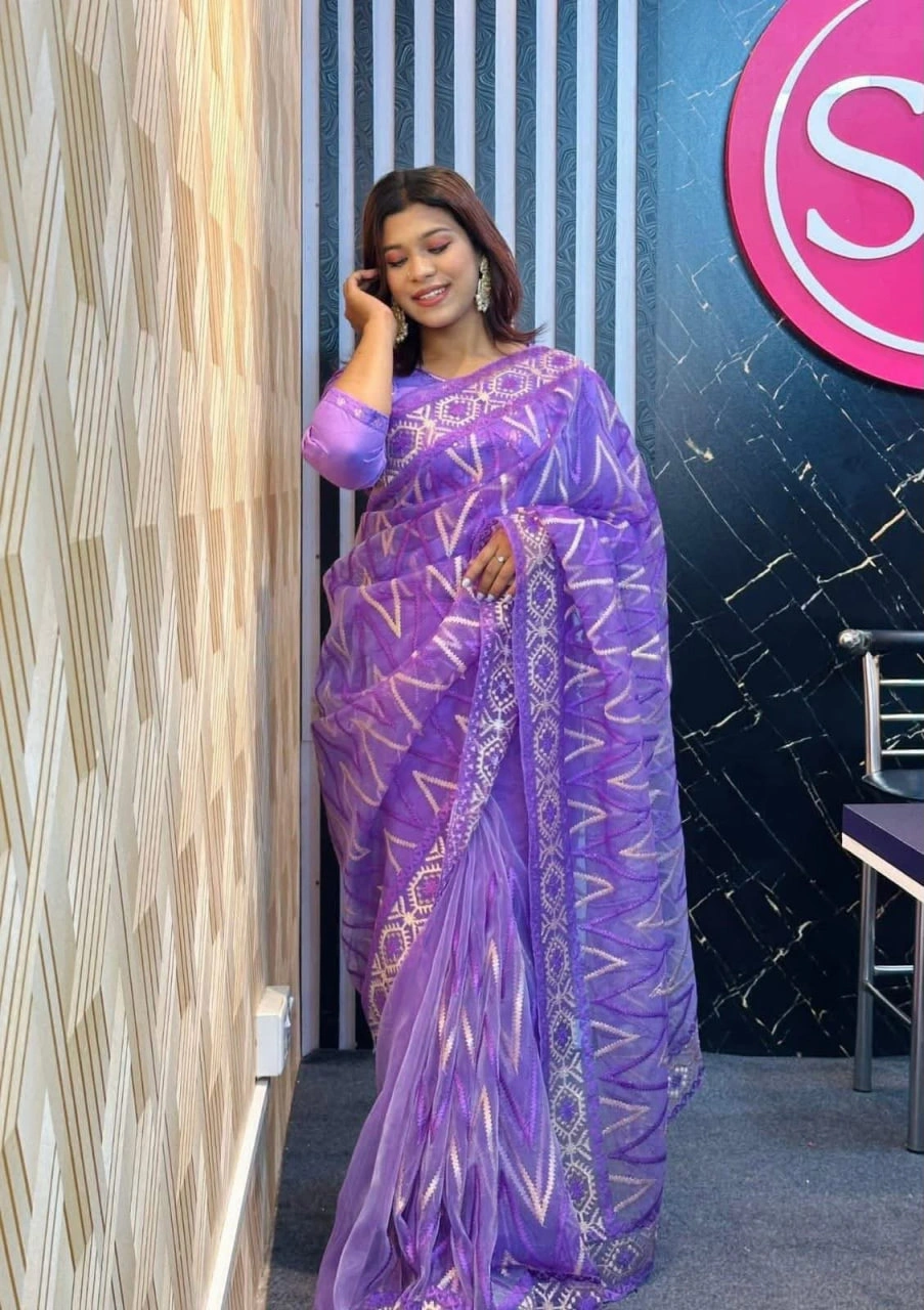 মসলিন অরগাঞ্জা শাড়ি (উজ্জ্বল বেগুনি) (ব্লাউজ পিস সহ)(Code-SSS68)